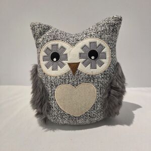 Owl Door Stopper Weighted Stuffed Gray Fluffy Fur Heart NWT